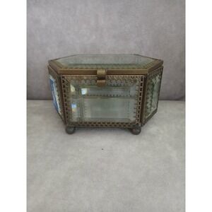 Vintage Beveled Glass Brass Hexagon Jewelry Box Butterfly Trinket Mirror Bottom